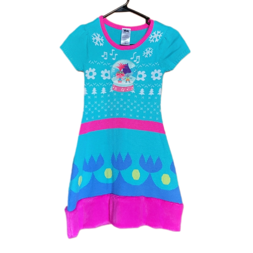 TROLL'S Turquoise Sweater Dress, Size Medium (7-8), Warm, Metallic Silve…